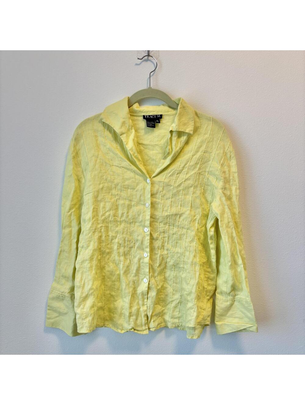Tracy M. 100% Linen Blouse Women’s XL Yellow Button Front Long Sleeve Shirt